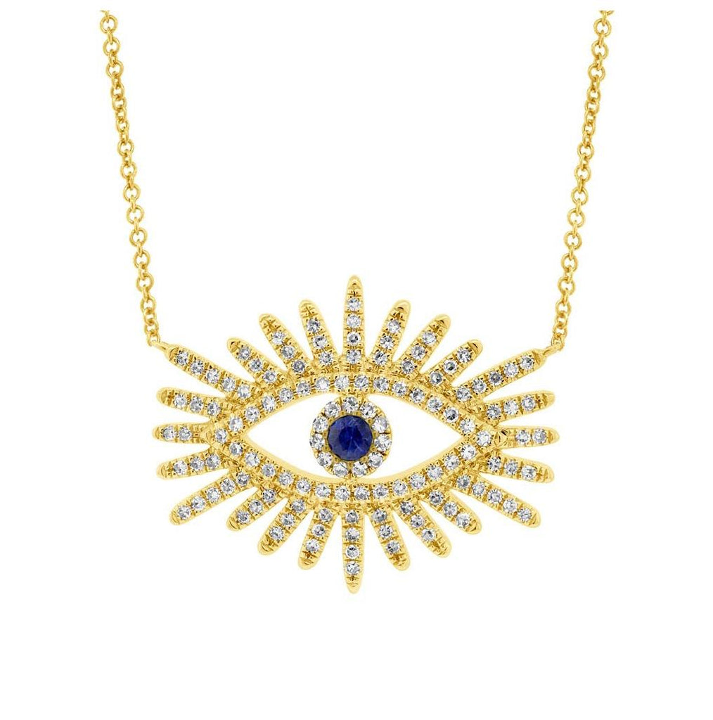 0.30 Ctw Diamond And 0.07 Ctw Blue Sapphire 14k Yellow Gold Eye Necklace