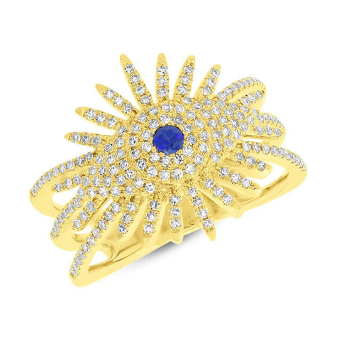 0.44 Ctw Diamond And 0.08 Ctw Blue Sapphire 14k Yellow Gold Eye Ring