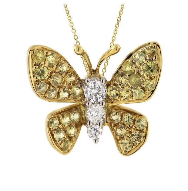 0.07 Ctw Diamond And 0.24 Ctw Yellow Sapphire 18k Yellow Gold Butterfly Pendant Necklace With 18 Inch Chain