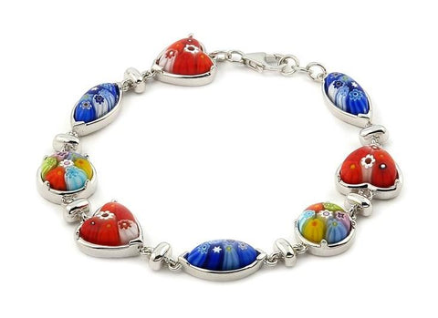 .925 Sterling Silver Murano Millefiori Multi Shape And Multicolor Bracelet 7.5"