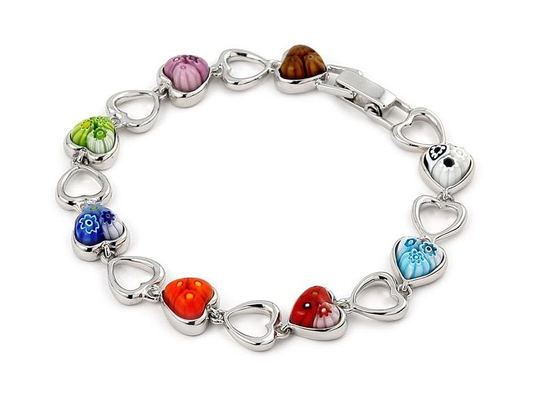 .925 Sterling Silver Multicolor Murano Millefiori Heart Bracelet 7.5"