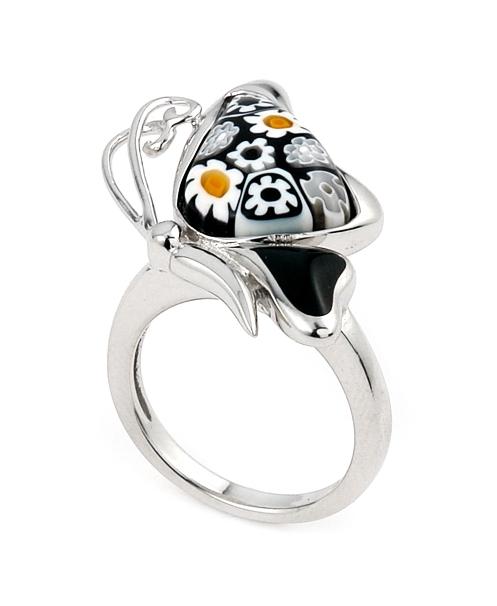 .925 Sterling Silver Black And White Murano Millefiori Butterfly Animal Ring, Size 6