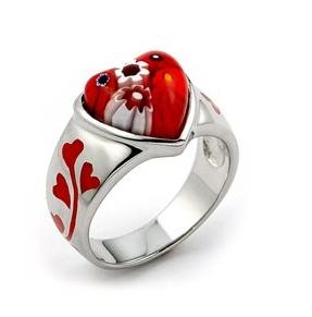 .925 Sterling Silver Red Murano Millefiori Heart Ring, <b>size: 7</b>