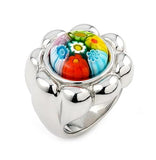 .925 Sterling Silver Murano Millefiori Multicolor Flower Ring With Electroform Silver Frame, Size 6