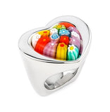 .925 Sterling Silver Murano Millefiori Multicolor Heart Ring With Electroform Silver Frame, <b>size: 7</b>