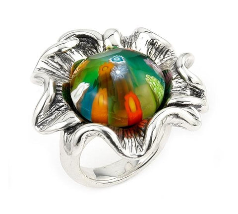 .925 Sterling Silver Murano Millefiori Multicolor Faceted Flower Ring With Electroform Silver Frame, <b>size: 6</b>