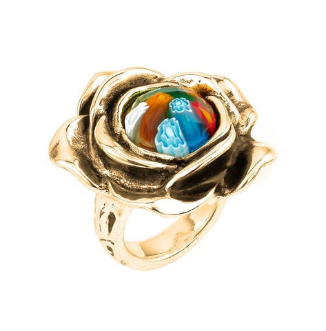 .925 Sterling Silver Gold Plated Murano Millefiori Multicolor Faceted Small Flower Ring With Electroform Silver Frame, <b>size: 6</b>