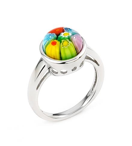 .925 Sterling Silver Multicolor Murano Millefiori 10mm Round Ring, <b>size: 6</b>