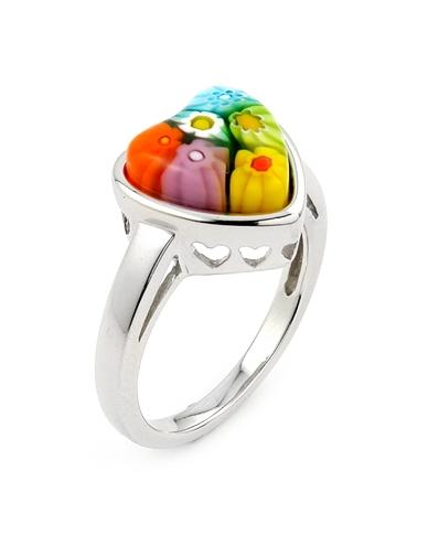 .925 Sterling Silver Multicolor Murano Millefiori Heart Ring, <b>size: 6</b>