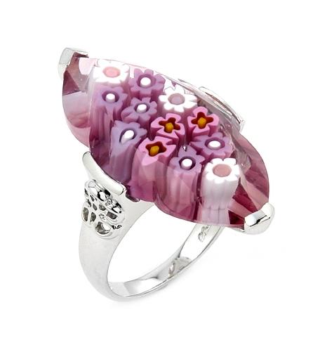 .925 Sterling Silver Murano Millefiori Pink Faceted Marquise Ring, Size 8