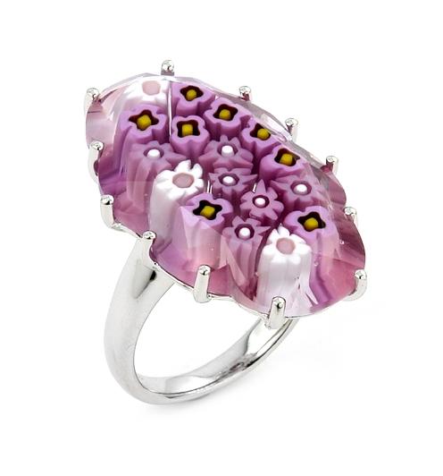 .925 Sterling Silver Murano Millefiori Pink Faceted Oval Ring, <b>size: 6</b>