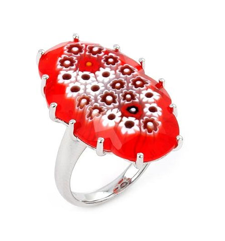 .925 Sterling Silver Murano Millefiori Red Faceted Oval Ring, Size 6