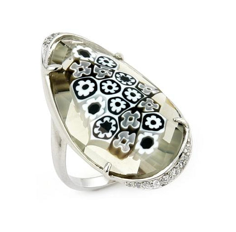 .925 Sterling Silver Murano Millefiori Black And White Faceted Curved Oval Ring With Cz Accents, Size 6