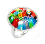 .925 Sterling Silver Murano Millefiori Multicolor Faceted Round Ring With Cz Accents, <b>size: 7</b>