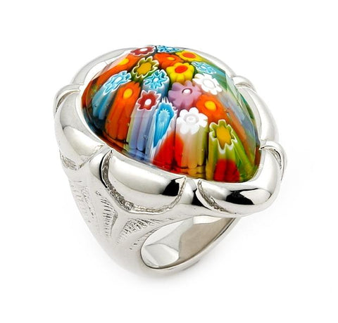 .925 Sterling Silver Murano Millefiori Multicolor Faceted Pear Shape Ring With Electroform Silver Frame, Size 6