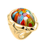 .925 Sterling Silver Gold Plated Murano Millefiori Multicolor Faceted Pear Shape Ring With Electroform Silver Frame, <b>size: 6</b>