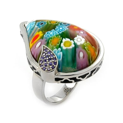 .925 Sterling Silver Murano Millefiori Multicolor Drop Ring With Purple Cz Accents, Size 6