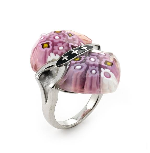 .925 Sterling Silver Murano Millefiori Faceted Pink Ring With Cross Accents, <b>size: 6</b>