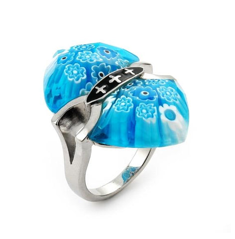 .925 Sterling Silver Murano Millefiori Faceted Light Blue Ring With Cross Accents, <b>size: 6</b>