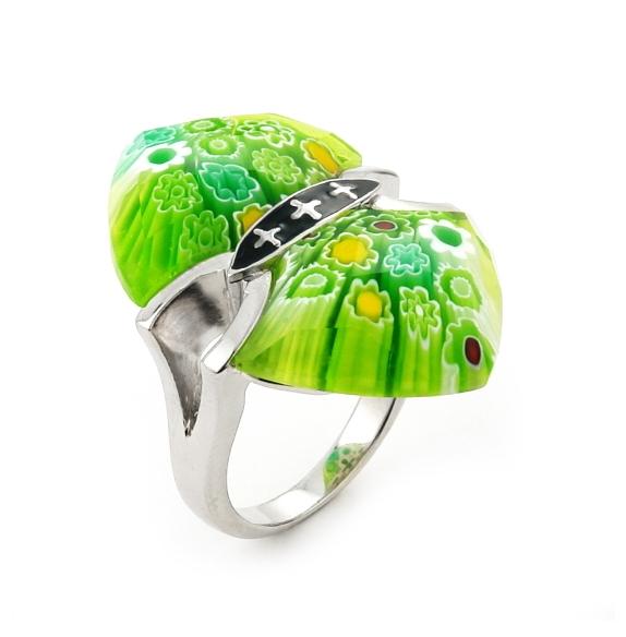 .925 Sterling Silver Murano Millefiori Faceted Green Ring With Cross Accents, <b>size: 7</b>