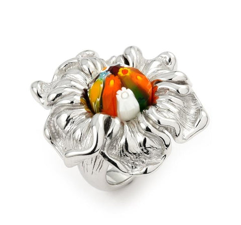 .925 Sterling Silver Multicolor Faceted Murano Millefiori Electroform Flower Ring, <b>size: 6</b>