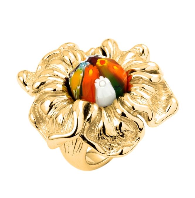 .925 Sterling Silver Gold Plated Multicolor Faceted Murano Millefiori Electroform Flower Ring, <b>size: 6</b>