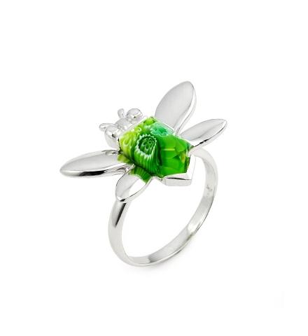 .925 Sterling Silver Murano Millefiori Green Faceted Bee Ring, <b>size: 6</b>