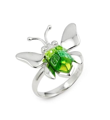 .925 Sterling Silver Murano Millefiori Green Faceted Butterfly Ring, <b>size: 7</b>