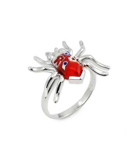 .925 Sterling Silver Murano Millefiori Red Faceted Spider Ring, <b>size: 6</b>