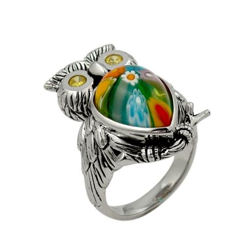 .925 Sterling Silver Multicolor Murano Millefiori Owl Ring With Cz Eyes, <b>size: 6</b>