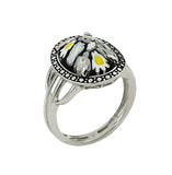 .925 Sterling Silver Black Murano Millefiori Oval Shape Ring, <b>size: 6</b>