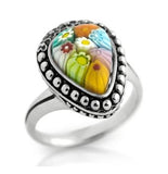 .925 Sterling Silver Multicolor Murano Millefiori Teardrop Ring With Beaded And Floral Design Accents, <b>size: 6</b>