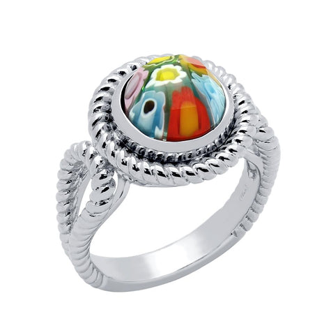 .925 Sterling Silver Multicolor Murano Millefiori Round Split Shank Rope Design Ring, <b>size: 7</b>