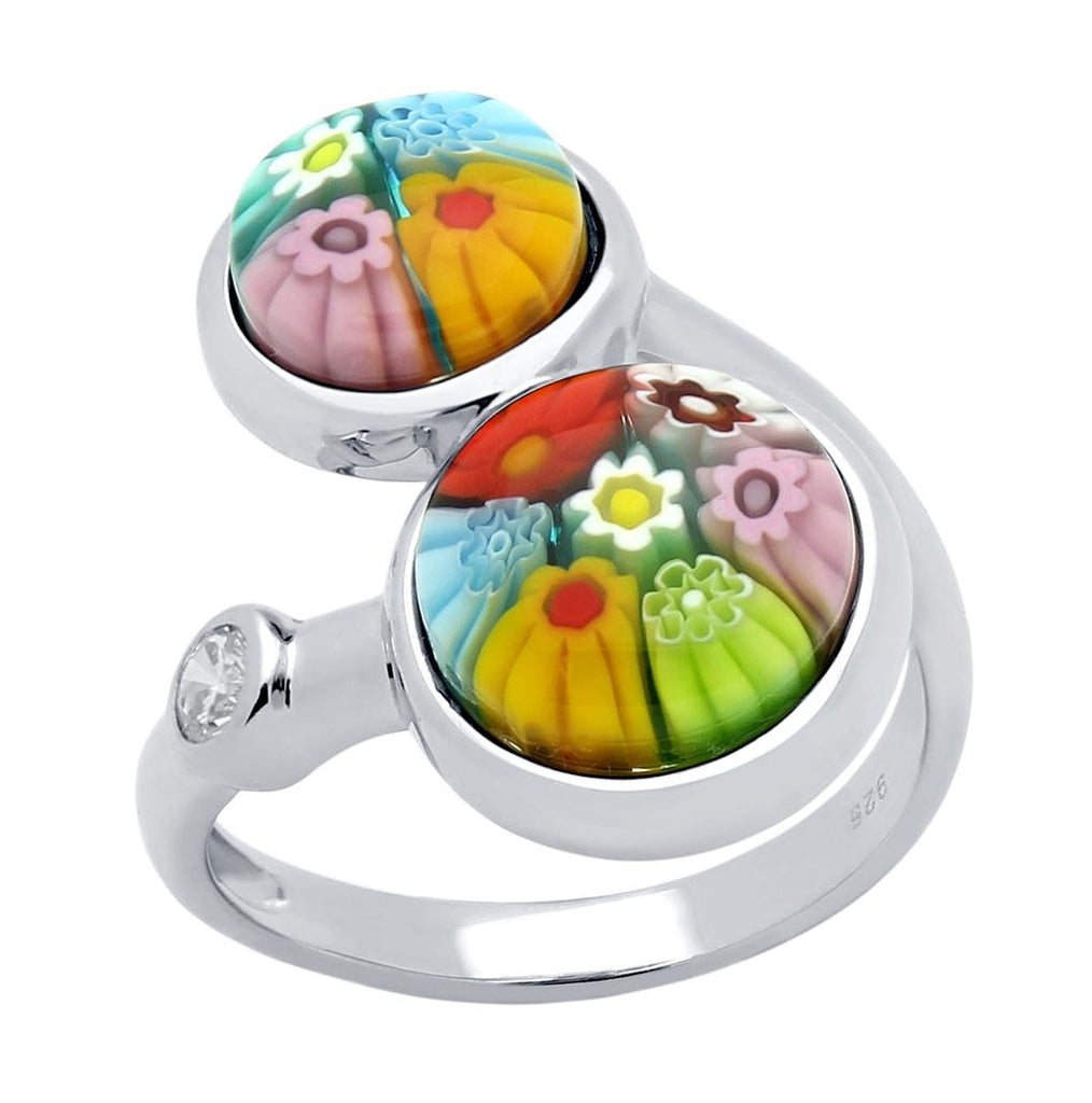 .925 Sterling Silver Dual Multicolor Murano Millefiori Round Crossover Ring With Cz, <b>size: 7</b>