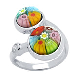 .925 Sterling Silver Dual Multicolor Murano Millefiori Round Crossover Ring With Cz, <b>size: 7</b>