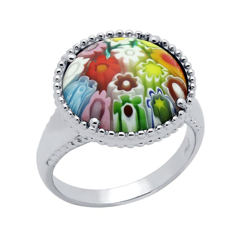 .925 Sterling Silver Multicolor Murano Millefiori Round Ring With Milgrain, <b>size: 7</b>