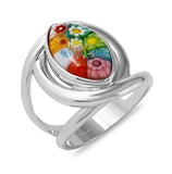 .925 Sterling Silver Multicolor Murano Millefiori Marquise Ring With Wrap-around Split Shank, <b>size: 6</b>