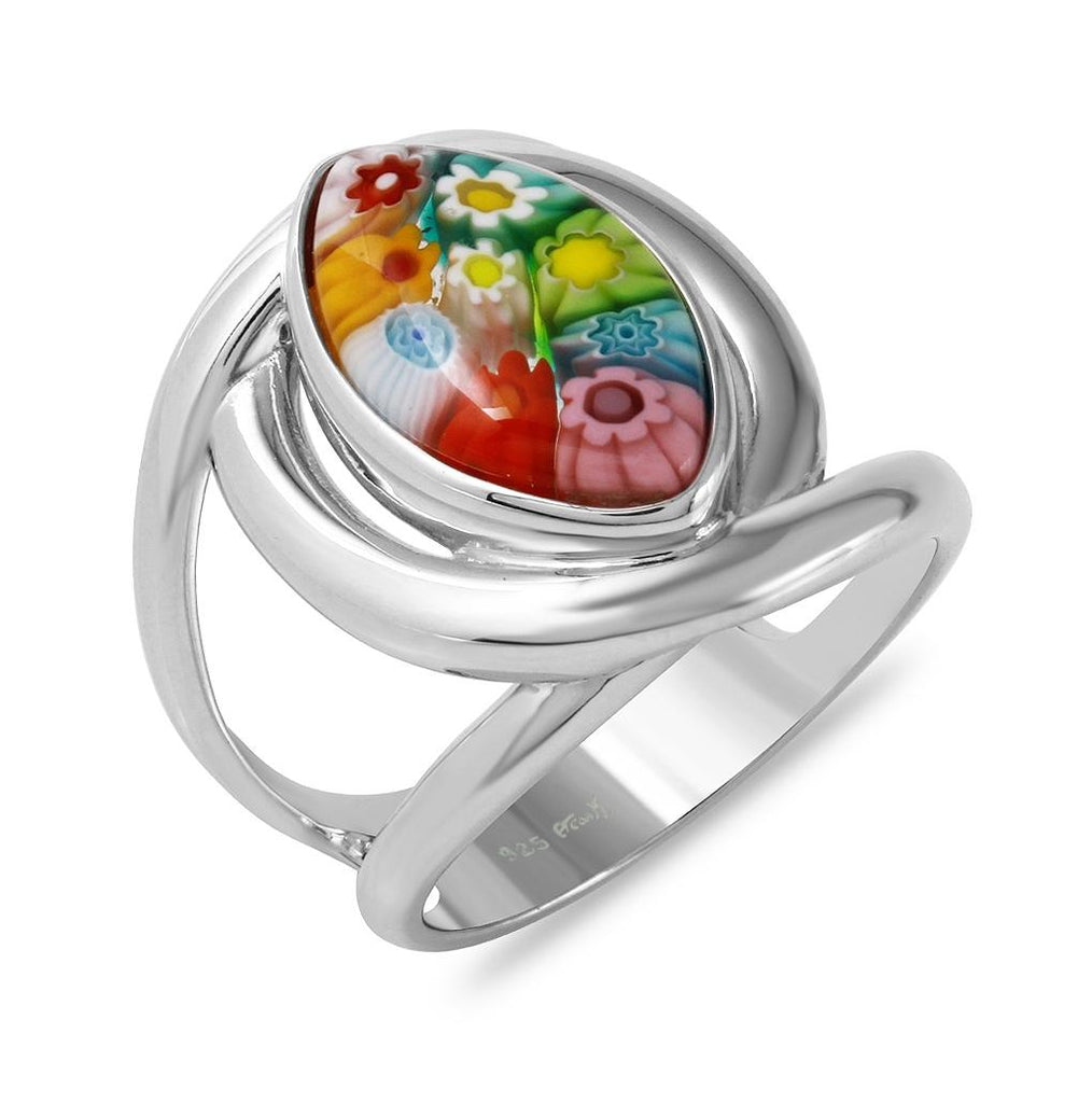 .925 Sterling Silver Multicolor Murano Millefiori Marquise Ring With Wrap-around Split Shank, <b>size: 6</b>