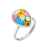 .925 Sterling Silver Multicolor Murano Millefiori Pear Shaped Thin Shank Ring, <b>size: 6</b>