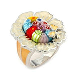 .925 Sterling Silver Multicolor Murano Millefiori Double Flower Cz Ring, <b>size: 6</b>