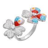 .925 Sterling Silver Multicolor Murano Millefiori Double Flower Cz Ring, <b>size: 6</b>