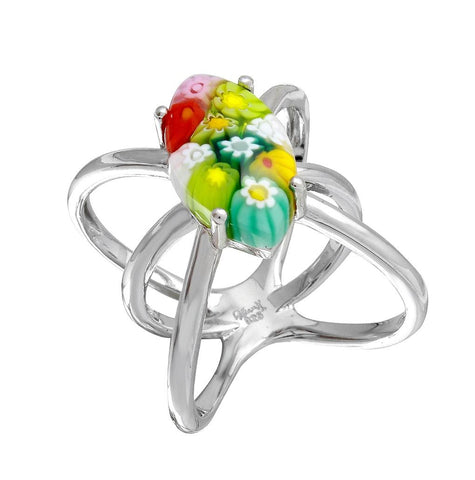 .925 Sterling Silver Multicolor Murano Millefiori Triple Shank Marquise X Ring, <b>size: 7</b>