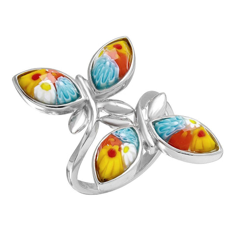 .925 Sterling Silver Multicolor Murano Millefiori Double Butterfly Ring, <b>size: 7</b>