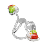 .925 Sterling Silver Multicolor Murano Millefiori Cz Pave Flower Stem Ring, <b>size: 7</b>