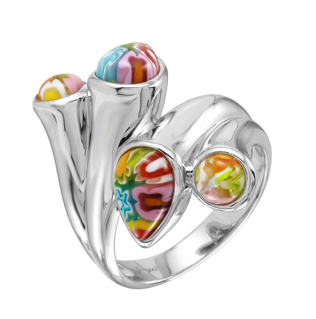 .925 Sterling Silver Multicolor Murano Millefiori Pears And Rounds Double Headed Ring, <b>size: 6</b>