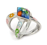 .925 Sterling Silver Multicolor Diamond Shape Murano Millefiori Ring, <b>size: 6</b>