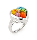 .925 Sterling Silver Murano Millefiori Multicolor Heart Ring, <b>size: 7</b>