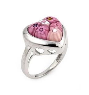 .925 Sterling Silver Murano Millefiori Pink Heart Ring, <b>size: 6</b>