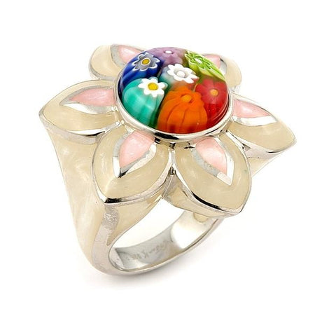 .925 Sterling Silver Millacreli Multi Color Flower Ring, Size 6