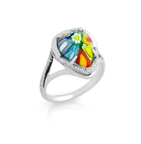 .925 Sterling Silver Multicolor Murano Millefiori Teardrop Split Shank Ring, Size 7